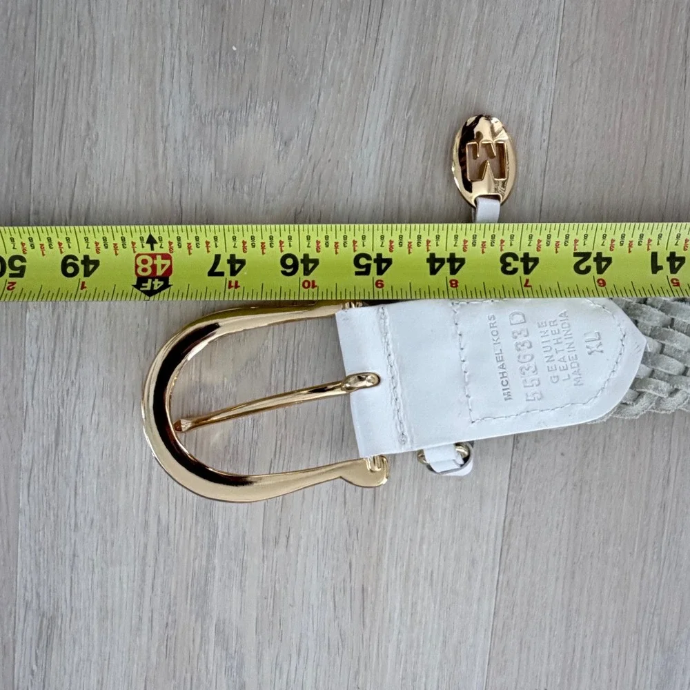 Michael Kors White Braided Leather Belt Gold Buckle MK Logo Charms Y2K XL